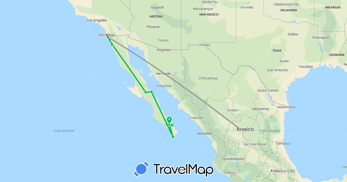 TravelMap itinerary: driving, bus, plane, hiking in Mexico, United States (North America)