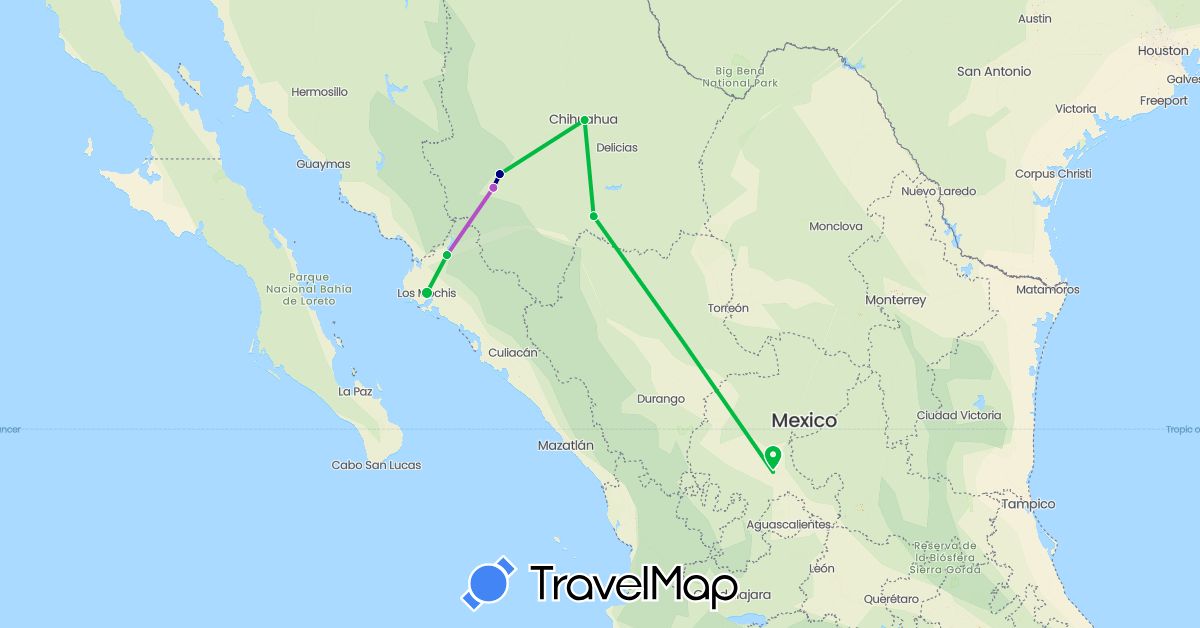 TravelMap itinerary: driving, bus, train in Mexico (North America)