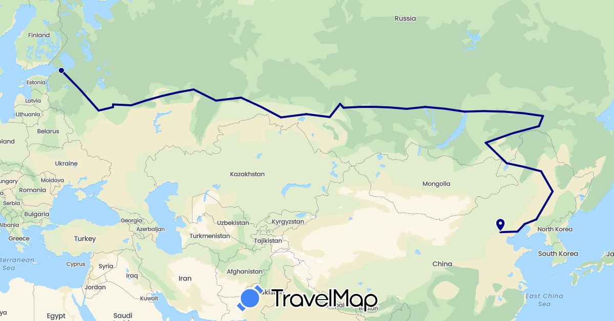 TravelMap itinerary: driving in China, Russia (Asia, Europe)